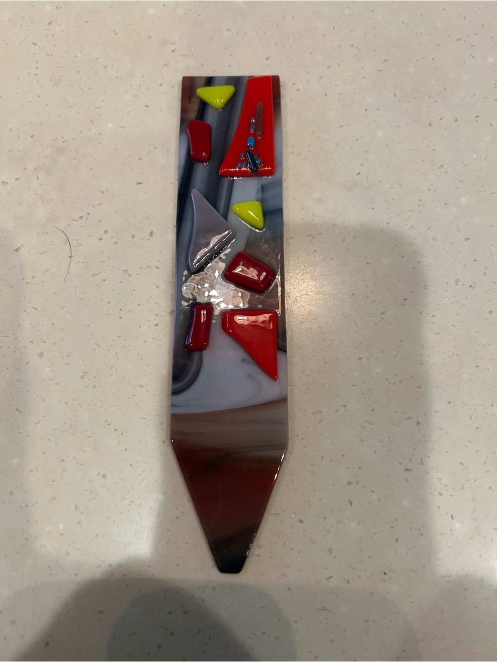 Artisan Fused Glass Decorative Accent in Red, Yellow and Gray